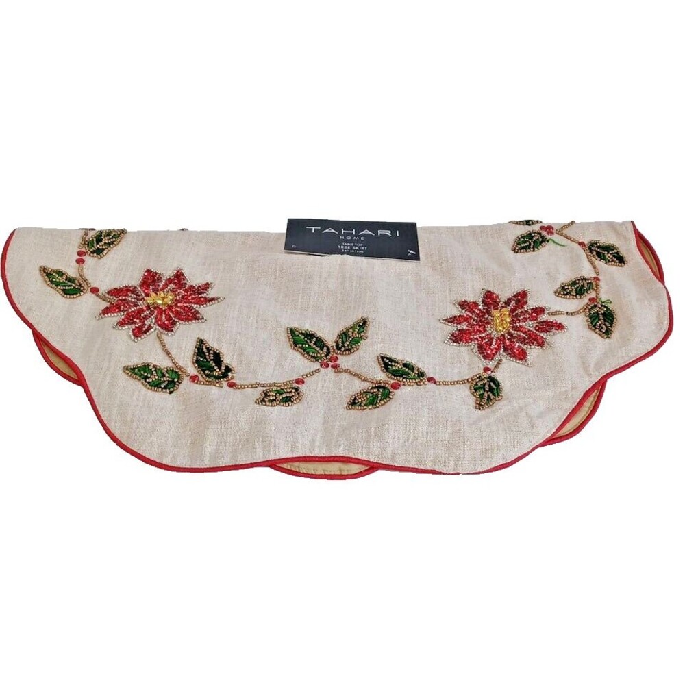 Tahari Christmas Mini Tabletop Tree Beaded Skirt 24” Poinsettia Beige Gold Red